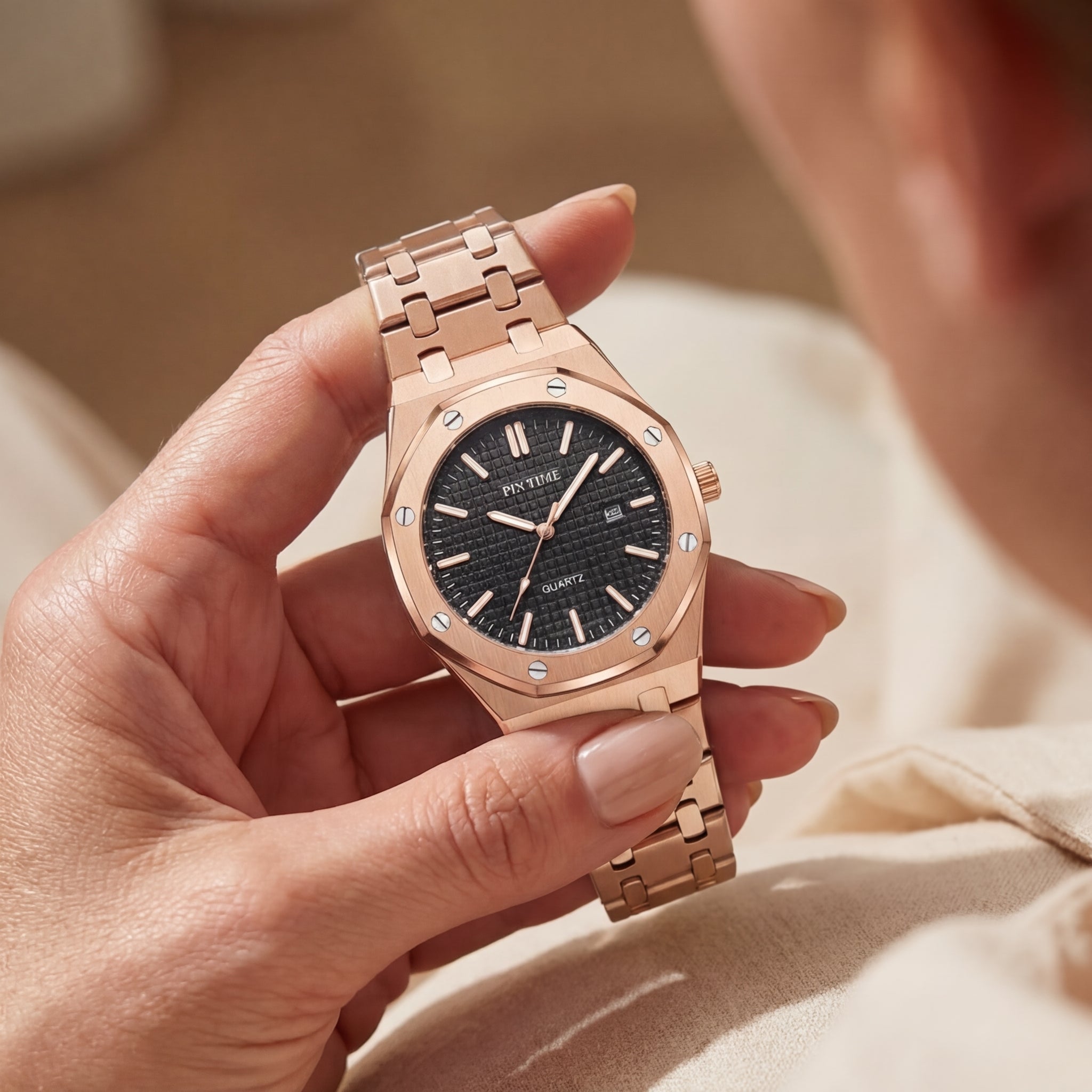 Montre Quartz Automatique Plaqué Or Rose pour Femme