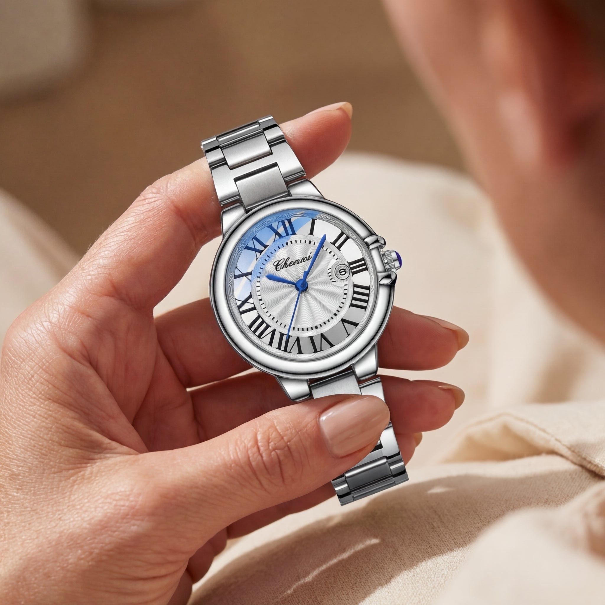 Montre Luminescente Calendrier Bracelet Acier pour Femme