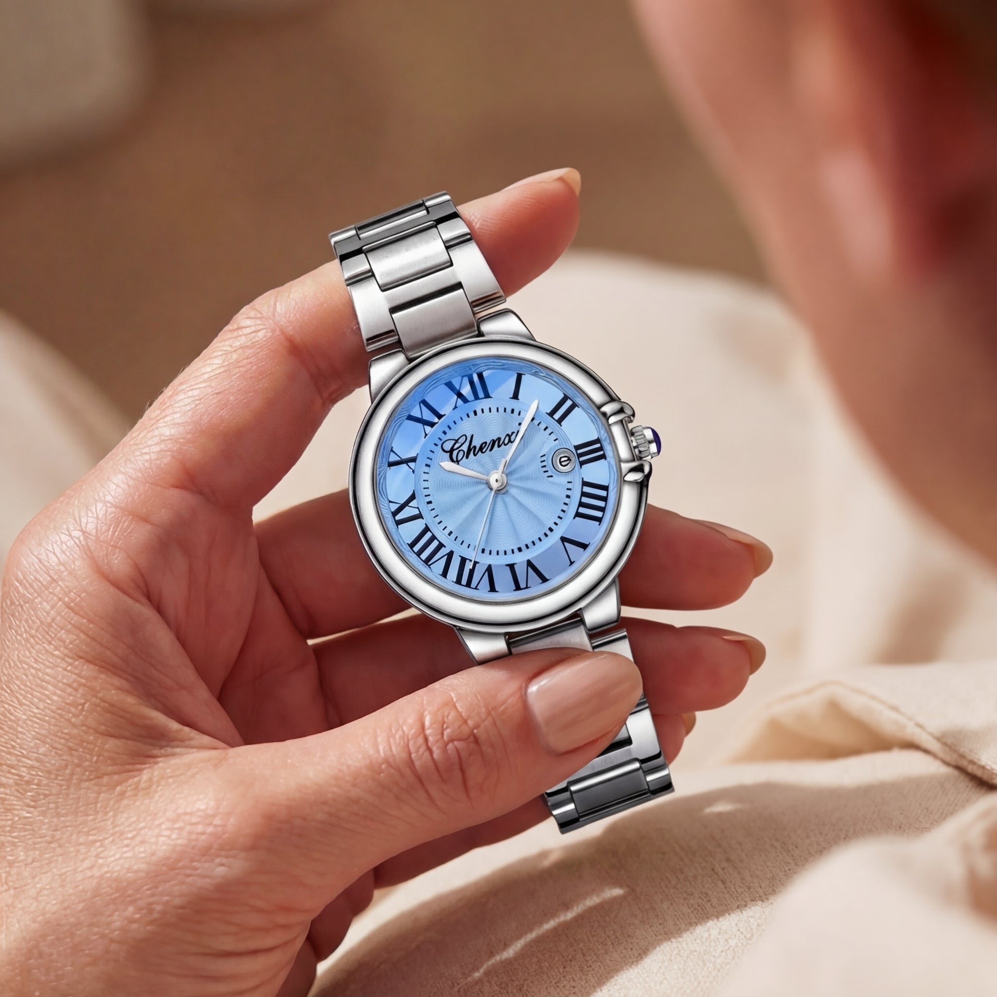 Montre Luminescente Calendrier Bracelet Acier pour Femme