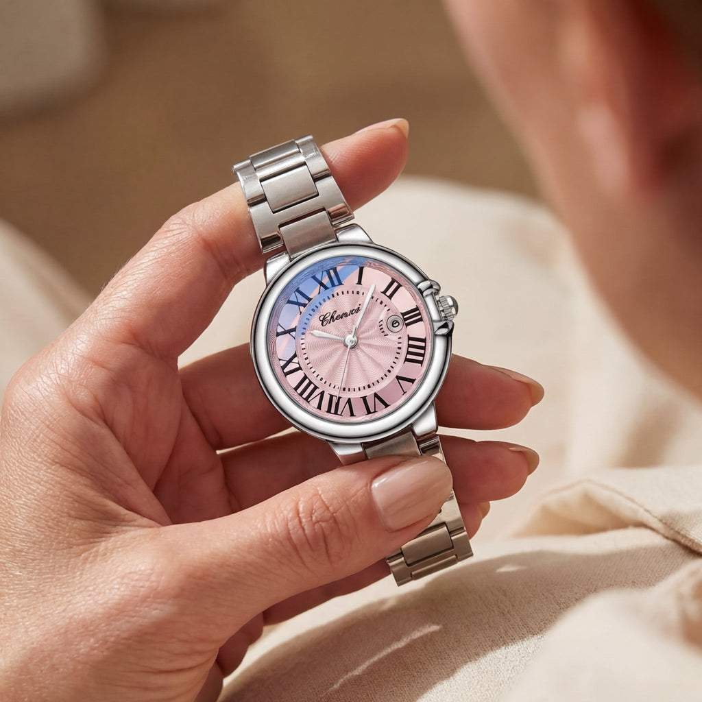 Montre Luminescente Calendrier Bracelet Acier pour Femme